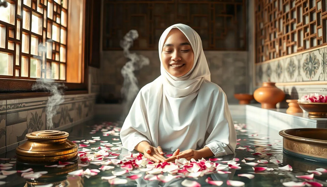 Seorang perempuan berendam di air kembang (c) Ilustrasi AI