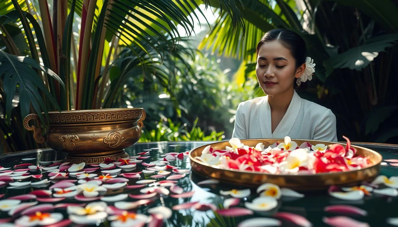 Seseorang perempuan memakai baju putih berendam di air kembang (c) Ilustrasi AI