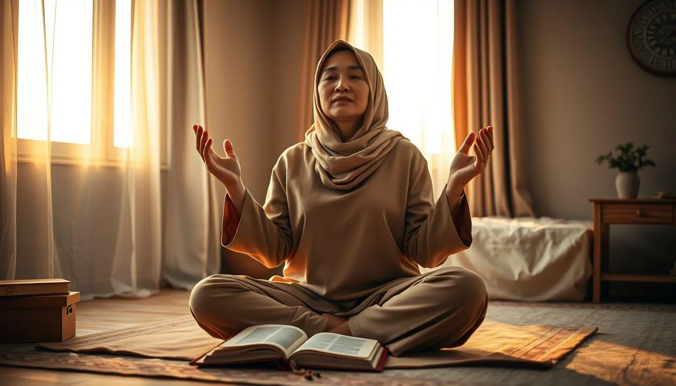 Seorang wanita duduk berdoa (c) Ilustrasi AI