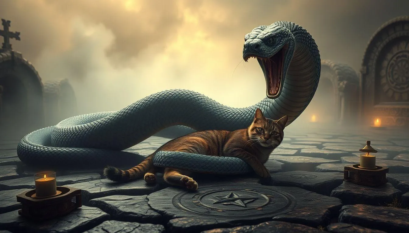 Pengertian dan Makna Dasar Mimpi Kucing Dimakan Ular (c) Ilustrasi AI