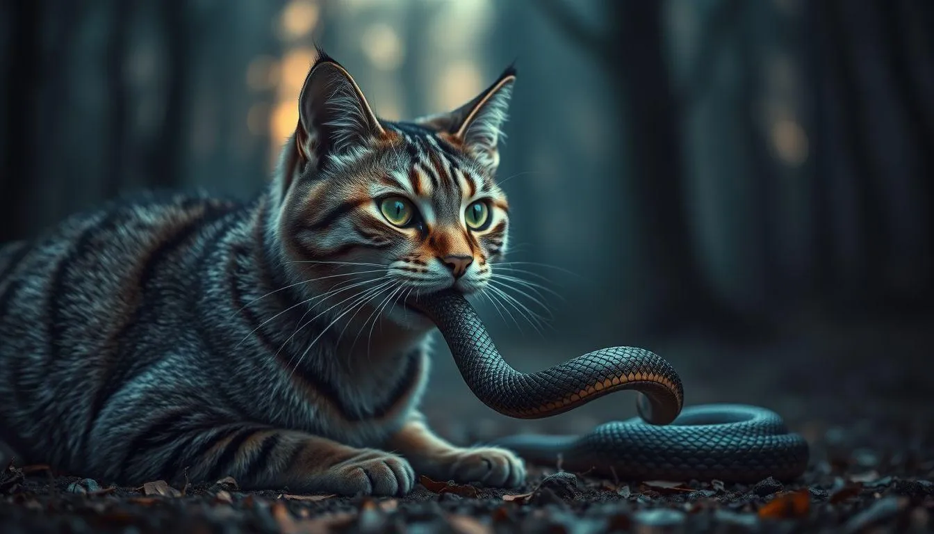 Interpretasi Psikologis Mimpi Kucing Menangkap Ular (c) Ilustrasi AI