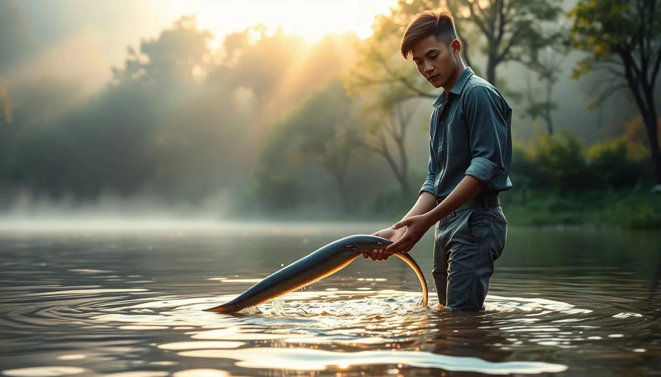 Tafsir Psikologis Mimpi Mancing Belut (c) Ilustrasi AI