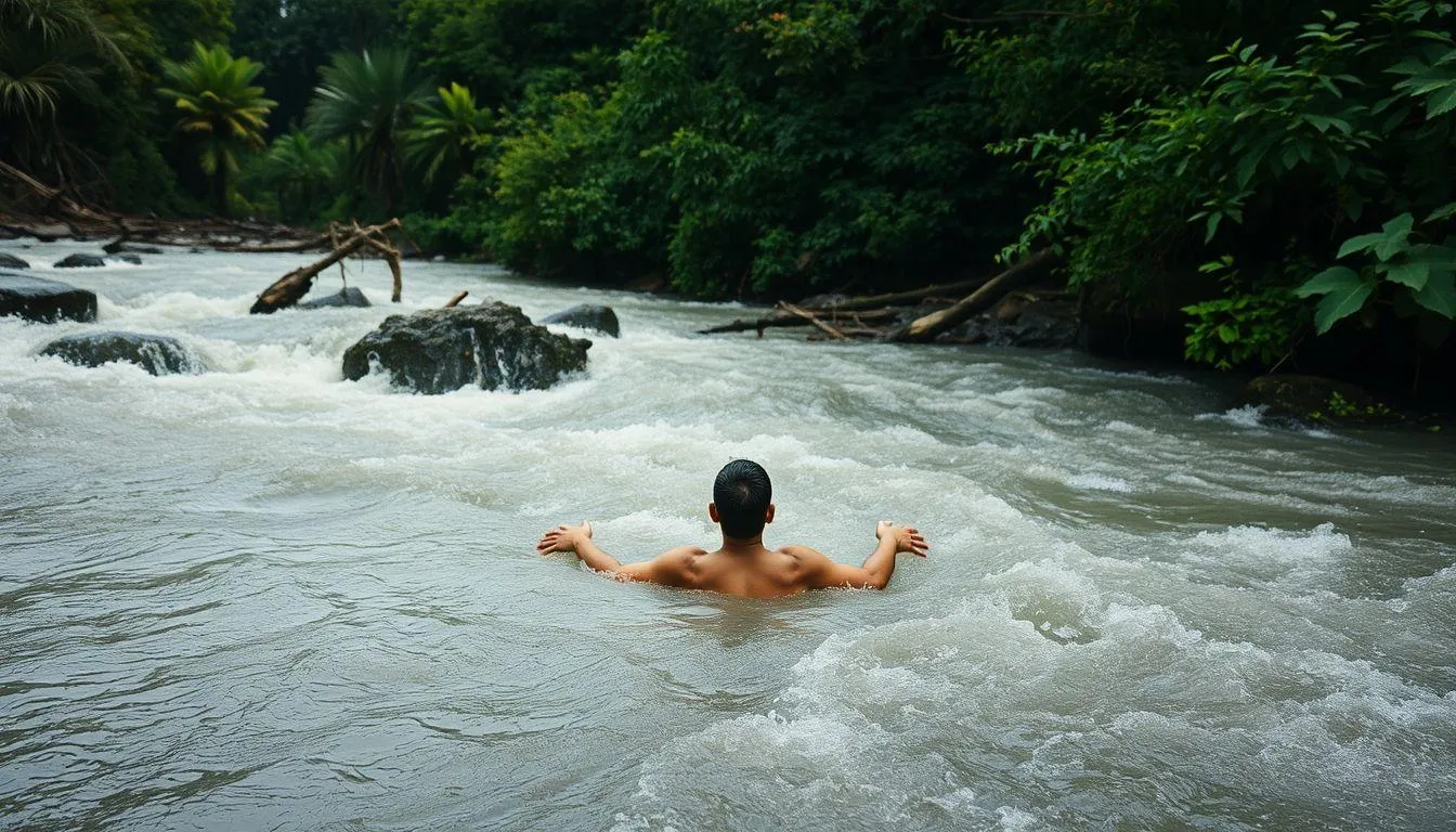Pengertian dan Makna Dasar Mimpi Mandi di Sungai Tiba Tiba Banjir (c) Ilustrasi AI