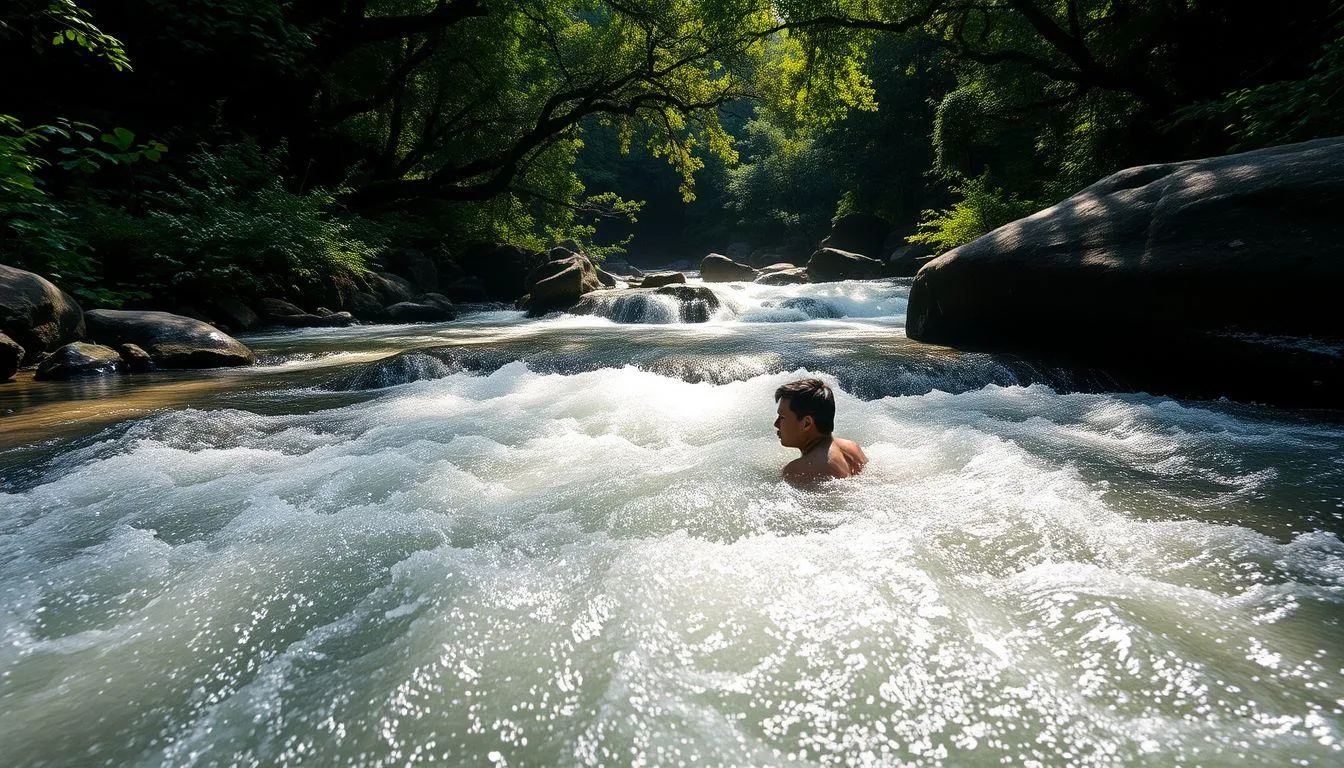 Pengertian dan Definisi Mimpi Mandi di Sungai yang Deras (c) Ilustrasi AI