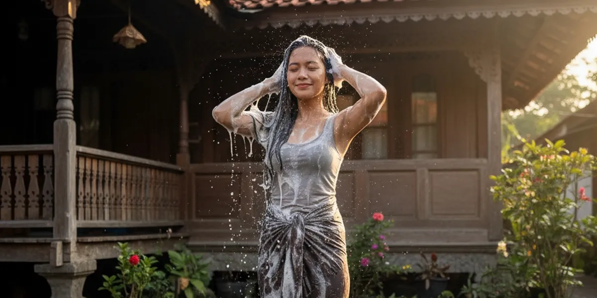 Pengertian dan Makna Dasar Mimpi Mandi Keramas di Depan Rumah (c) Ilustrasi AI