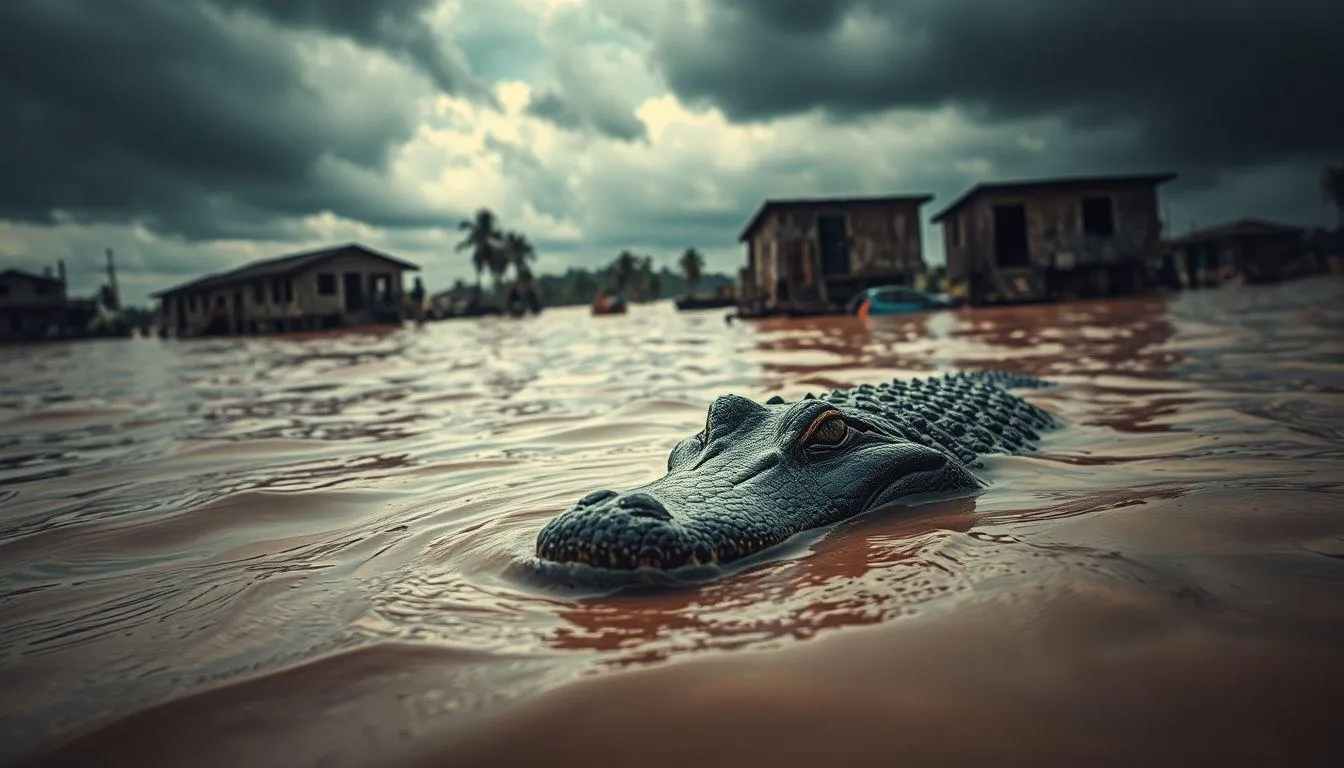 Pengertian dan Simbolisme Mimpi Buaya Saat Banjir (c) Ilustrasi AI
