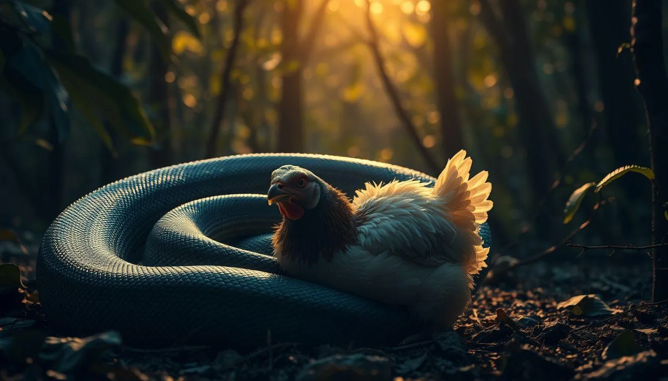 Pengertian dan Makna Dasar Mimpi Ular Makan Ayam (c) Ilustrasi AI