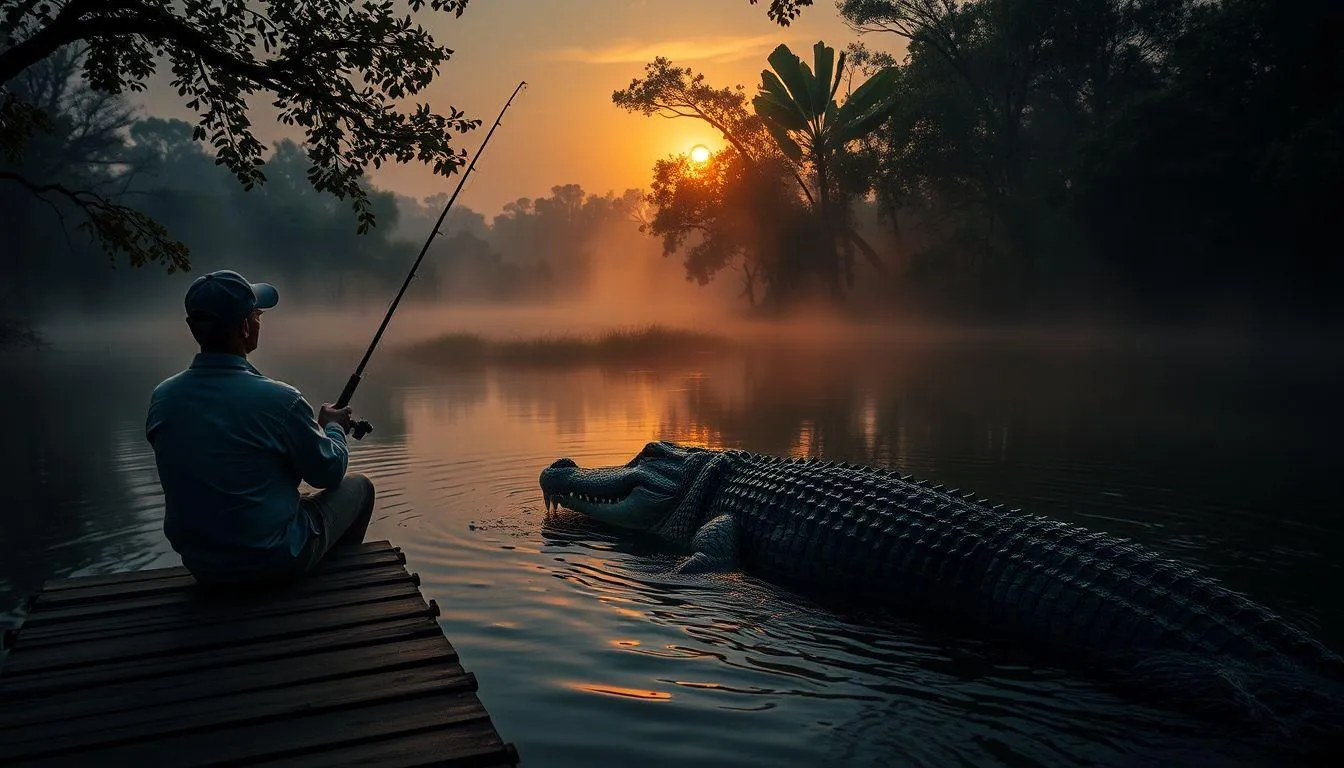 Pengertian dan Makna Dasar Mimpi Memancing Buaya (c) Ilustrasi AI