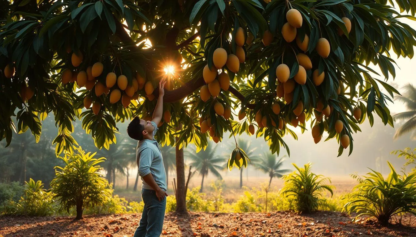 Pria memetik mangga matang (c) Ilustrasi AI