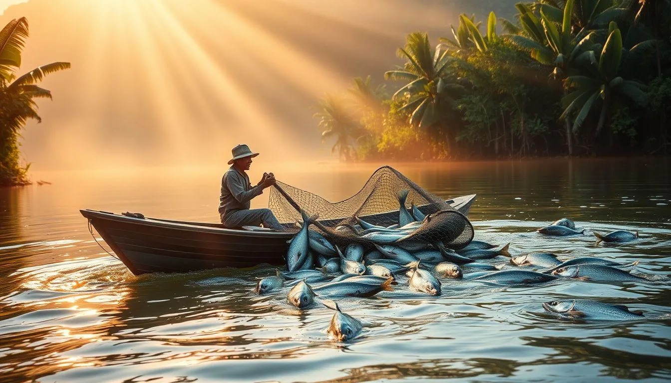 Seorang nelayan menjaring ikan (c) Ilustrasi AI