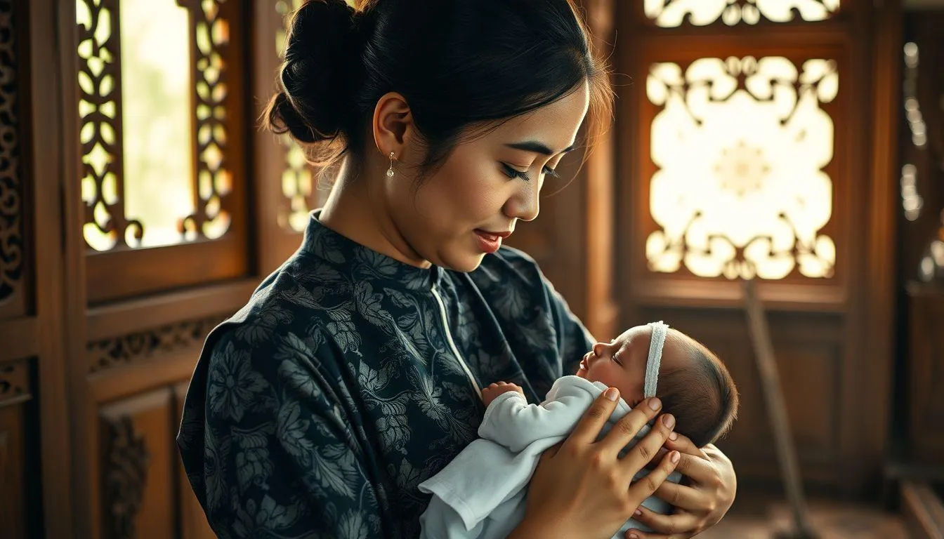 Seorang wanita mengenakan baju motif dan gendong bayi (c) Ilustrasi AI