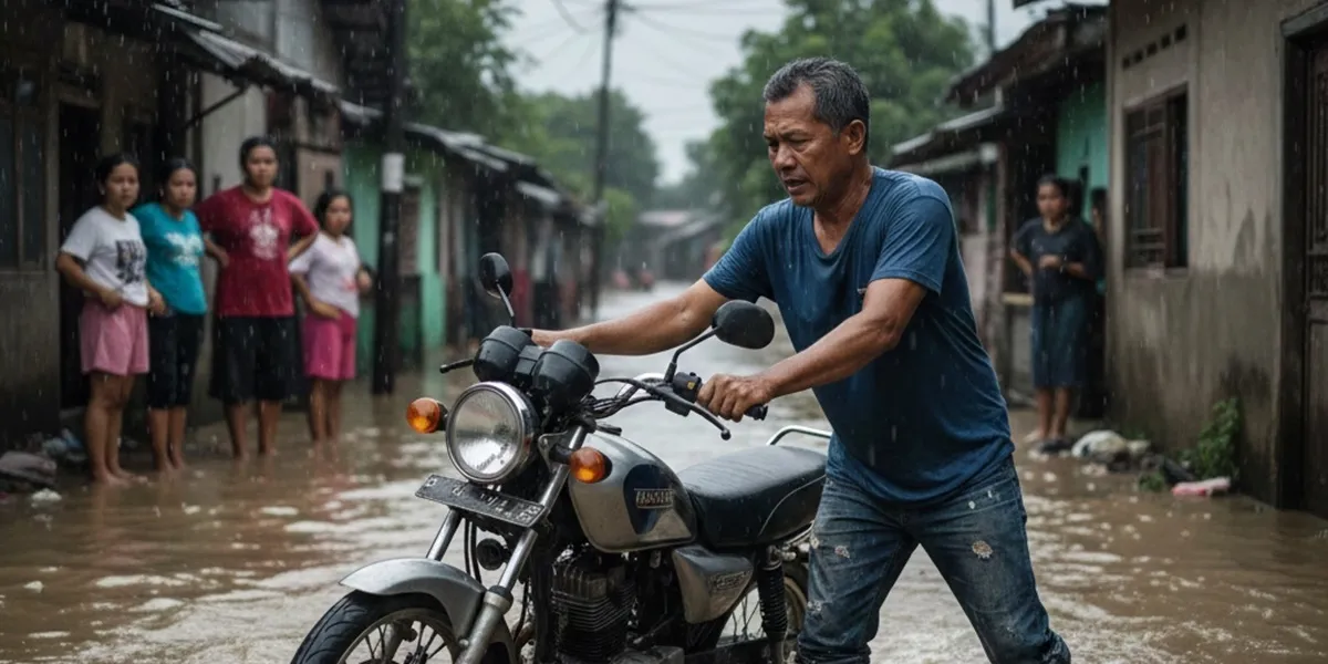 Pengertian dan Simbolisme Mimpi Motor Hanyut Terbawa Banjir (c) Ilustrasi AI