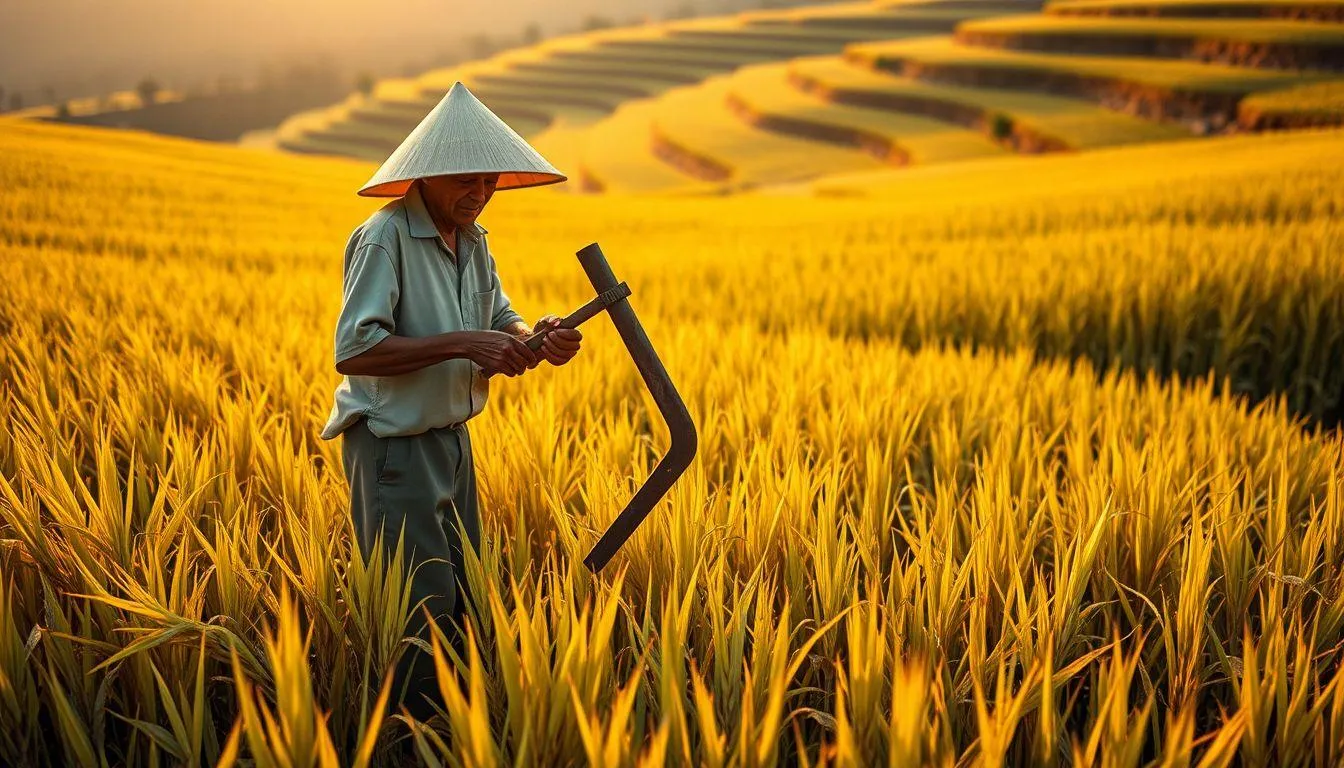 Seorang petani di tengah sawah (c) Ilustrasi AI