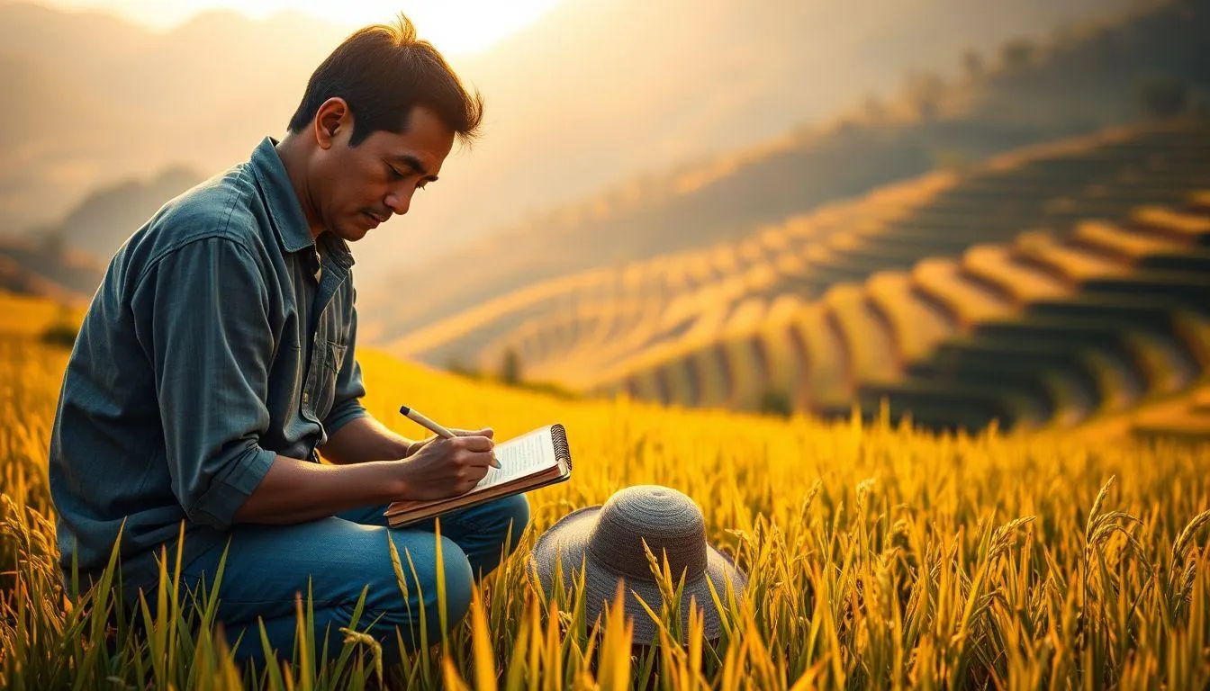 Seorang pria duduk di sawah (c) Ilustrasi AI