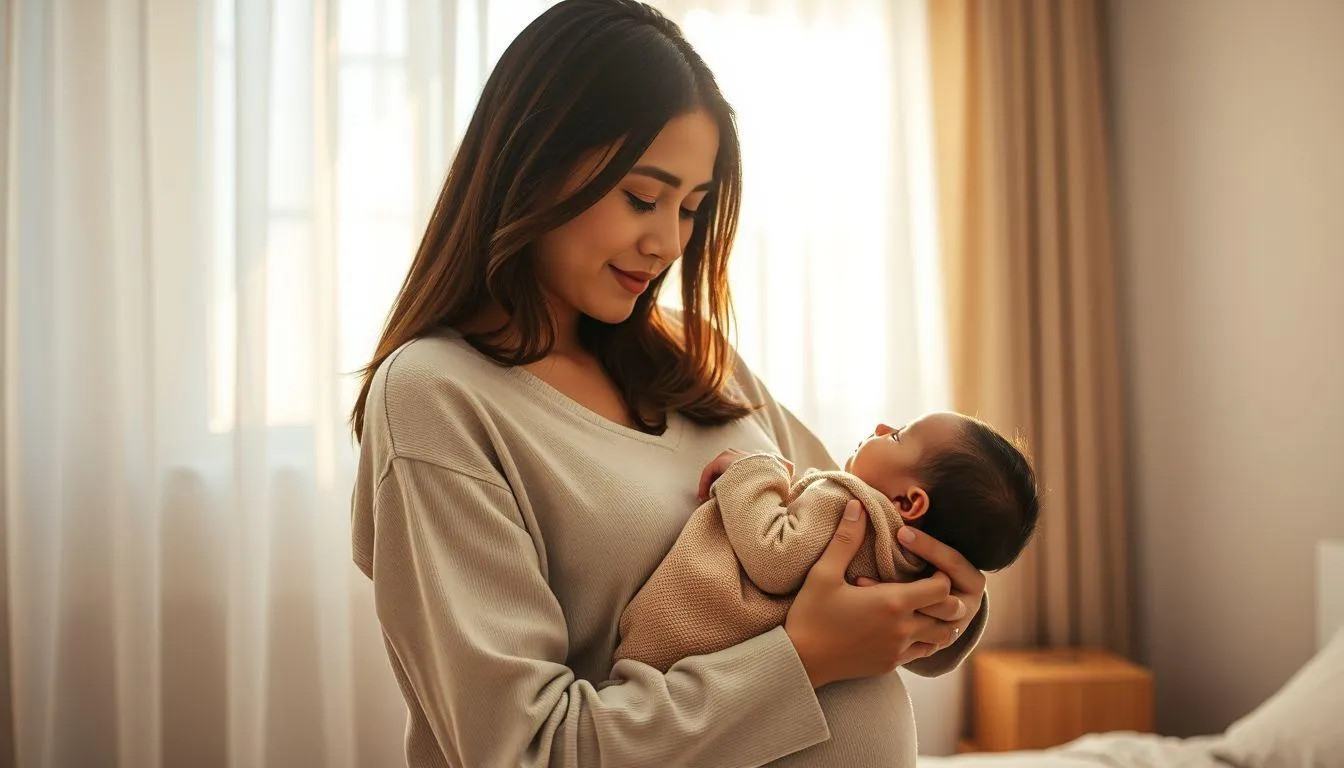 Seorang wanita mengenakan busana krem sambil gendong bayi (c) Ilustrasi AI