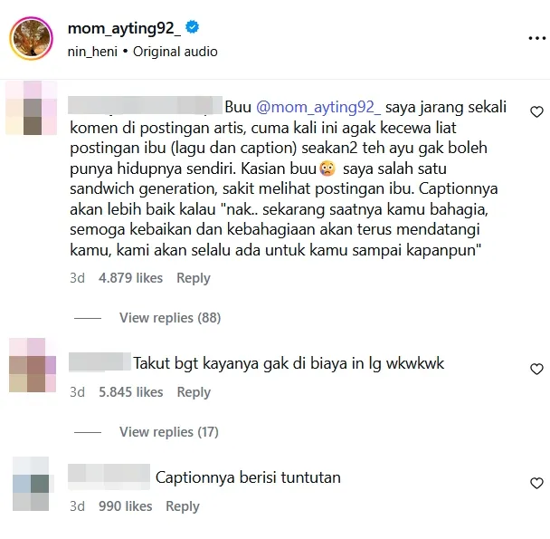 Komentar netizen di akun Umi Kalsum © instagram.com/mom_ayting92_