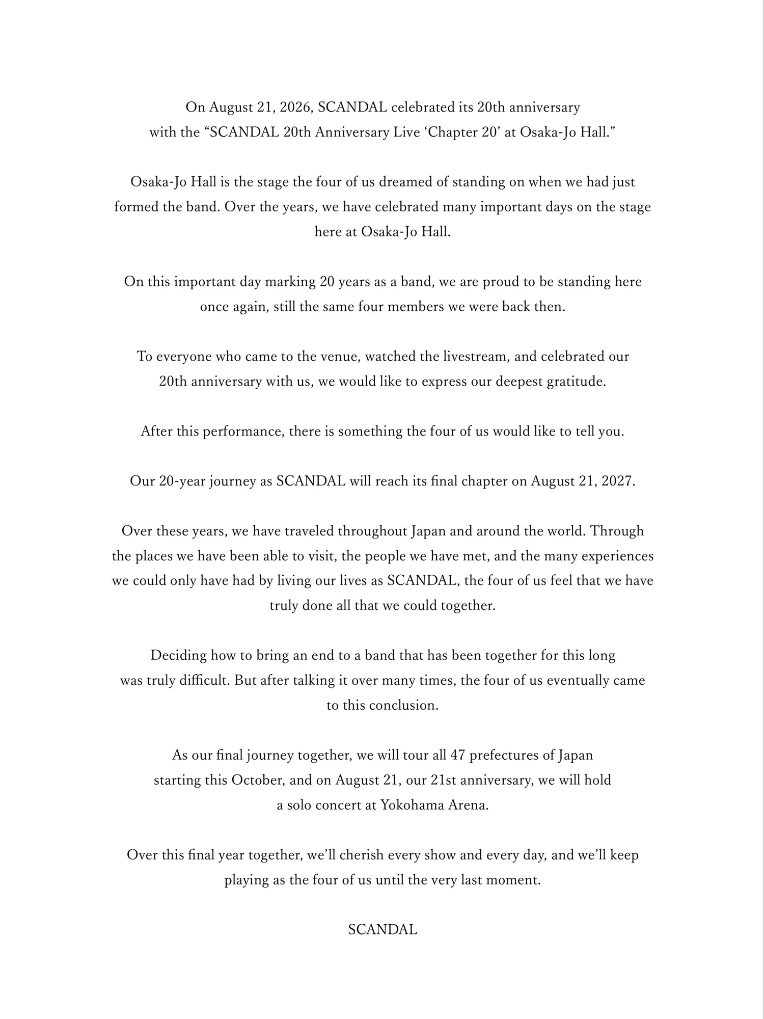 Surat perpisahan Band SCANDAL (instagram.com/scandal_band_official)