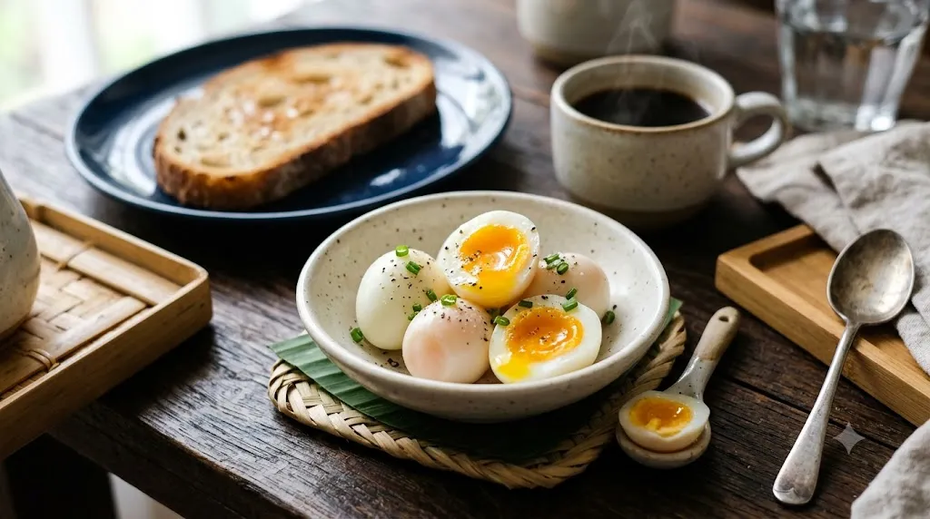 Telur puyuh setengah matang. [AI Generated]