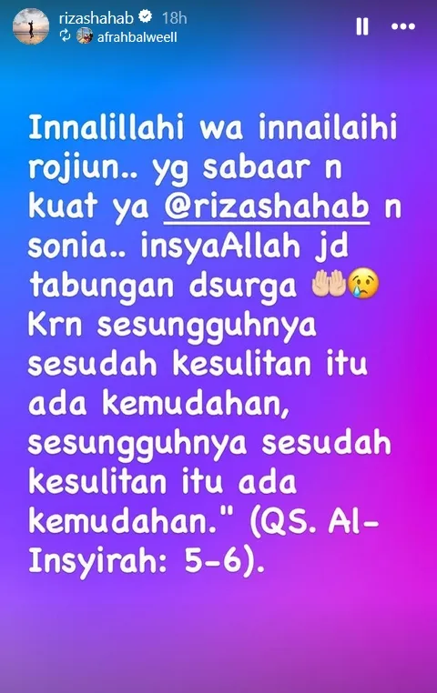 Riza Berterima Kasih Kepada Semua yang Mendoakan