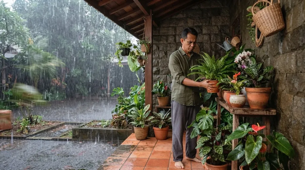 Cara Melindungi Tanaman Hias di Teras dari Angin dan Hujan (AI Generated)