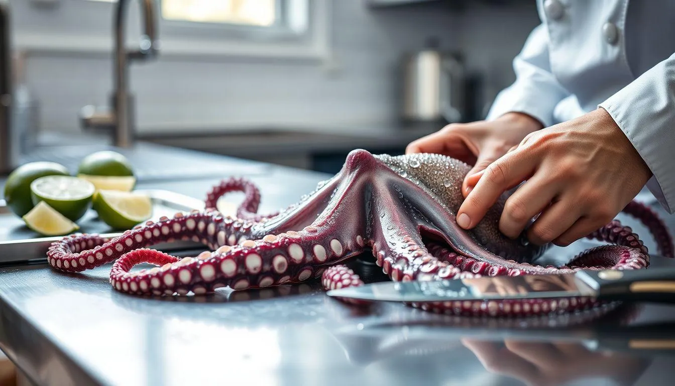 Membersihkan dan Mempersiapkan Gurita (c) Ilustrasi AI