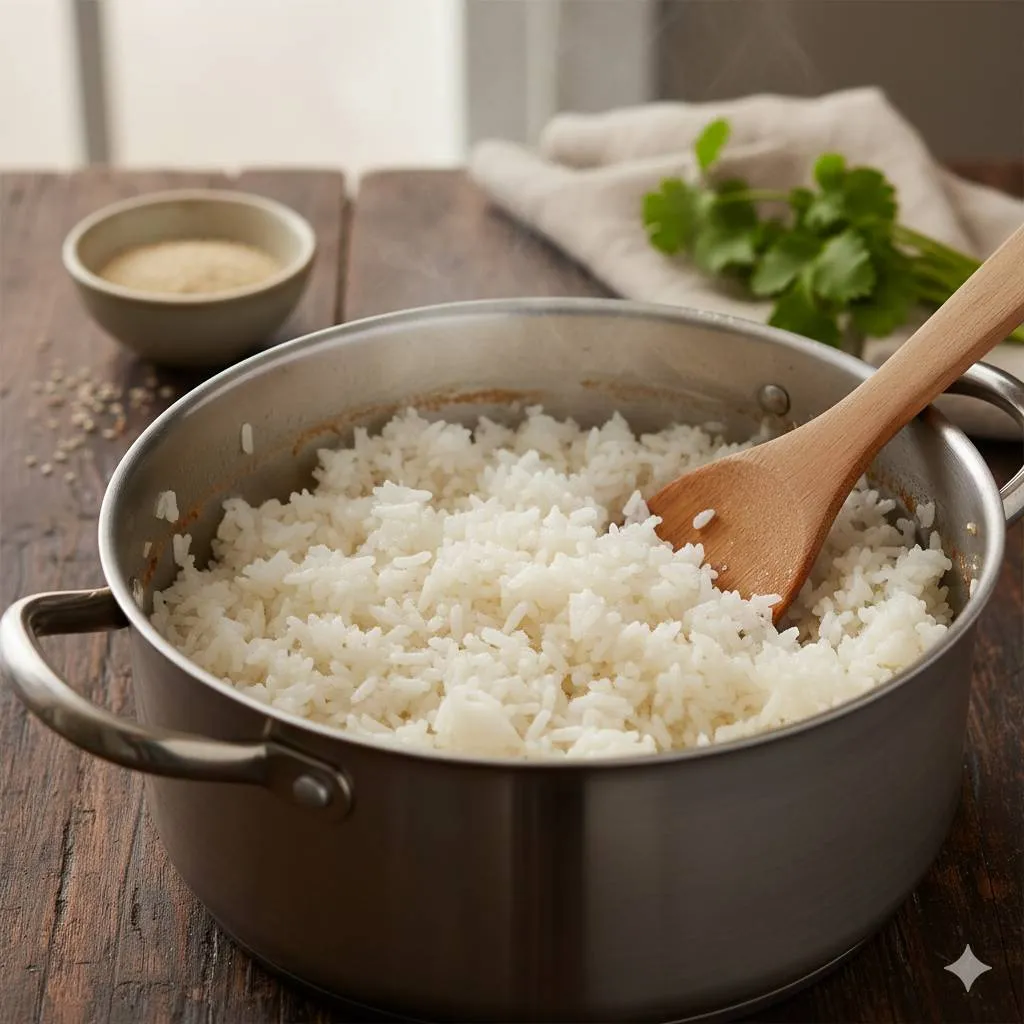 Persiapan Alat dan Bahan untuk Memasak Nasi dengan Panci (c) Ilustrasi AI