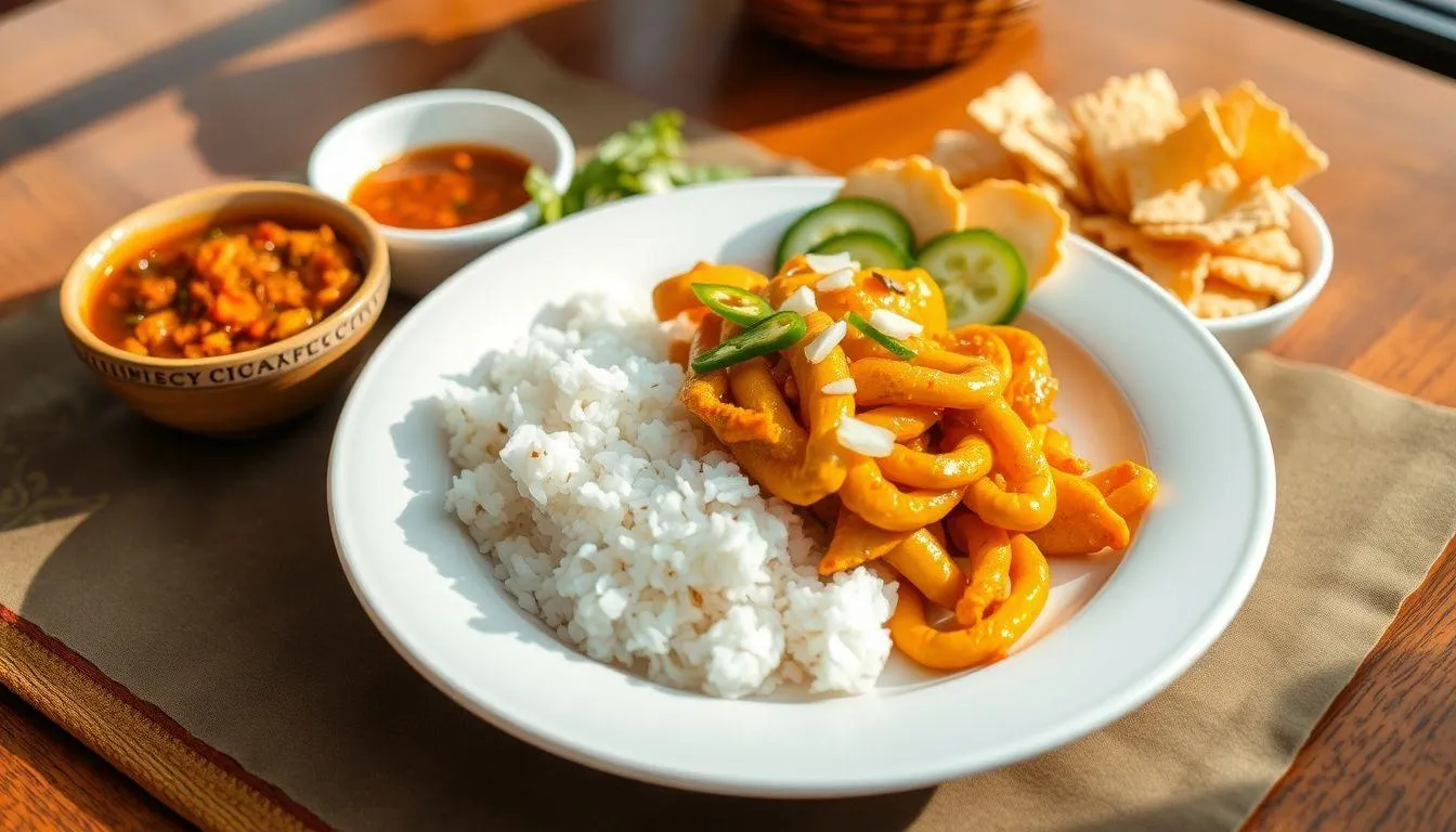 Penyajian dan Pelengkap Usus Ayam Bumbu Kuning (c) Ilustrasi AI