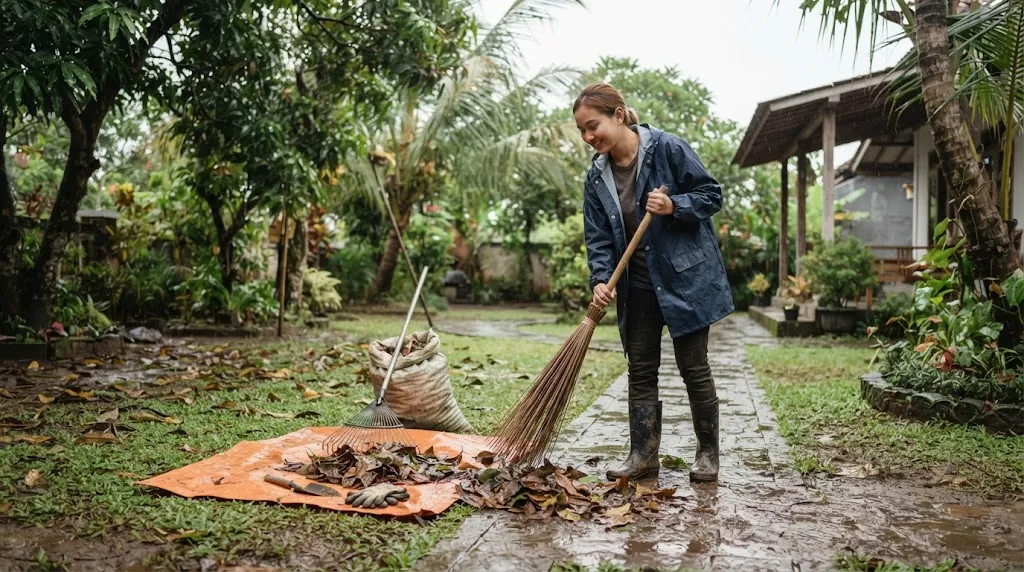 Cara Membersihkan Daun Rontok saat Musim Hujan (AI Generated)