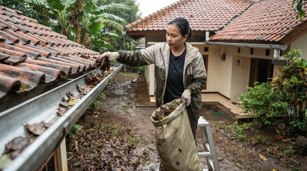 Cara Membersihkan Daun Rontok saat Musim Hujan (AI Generated)
