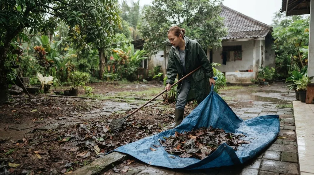 Cara Membersihkan Daun Rontok saat Musim Hujan (AI Generated)