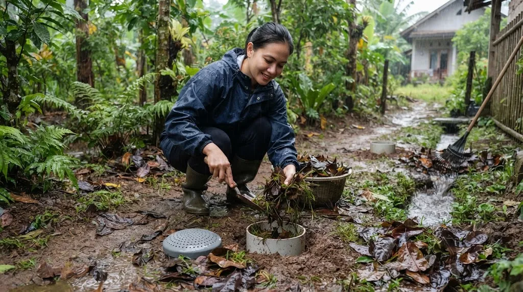 Cara Membersihkan Daun Rontok saat Musim Hujan (AI Generated)