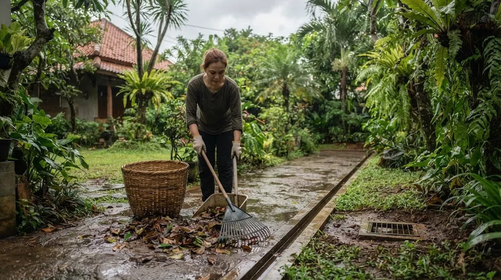 Cara Membersihkan Daun Rontok saat Musim Hujan (AI Generated)