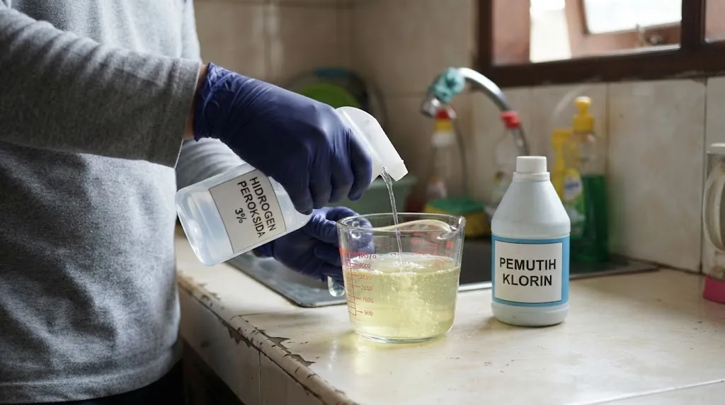 Mencampurkan hidrogen peroksida dengan pemutih berbasis klorin (AI Generated)