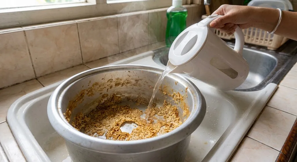 Cara Membersihkan Sisa Nasi Kering yang Menempel di Panci Rice Cooker. (AI Generated)