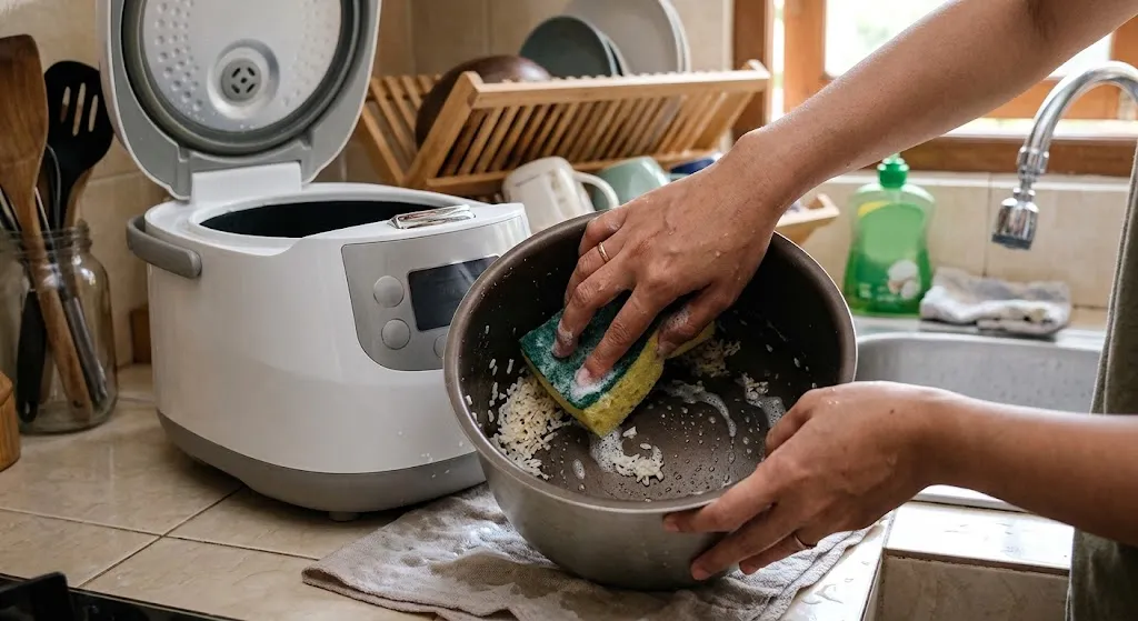Cara Membersihkan Sisa Nasi Kering yang Menempel di Panci Rice Cooker. (AI Generated)