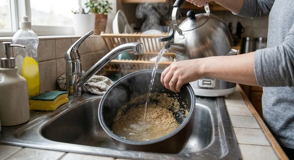 Cara Membersihkan Sisa Nasi Kering yang Menempel di Panci Rice Cooker. (AI Generated)