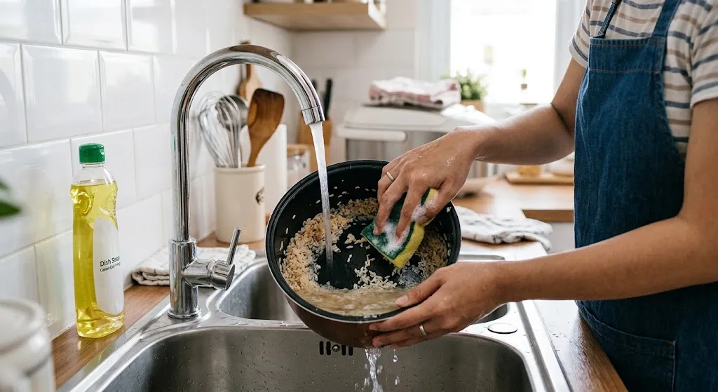 Cara Membersihkan Sisa Nasi Kering yang Menempel di Panci Rice Cooker. (AI Generated)