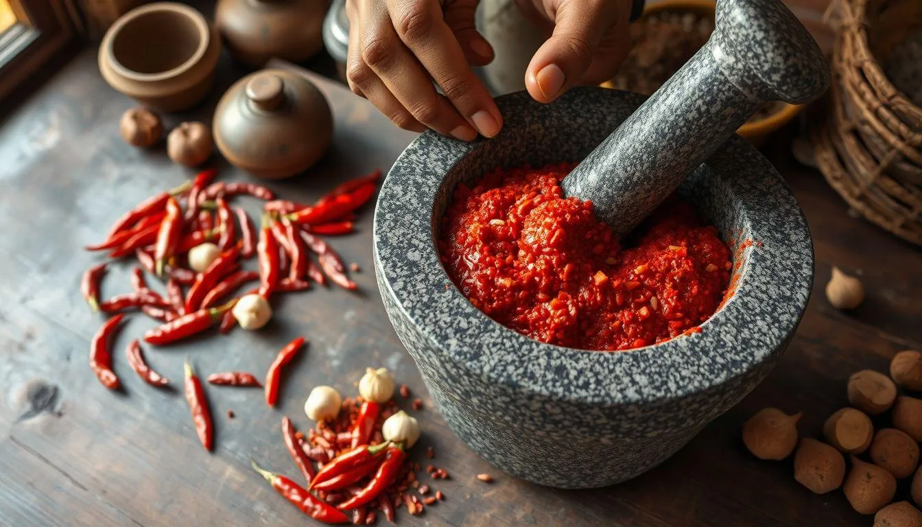 1. Cara Membuat Bumbu Dasar Merah dengan Cobek Tradisional (c) Ilustrasi AI