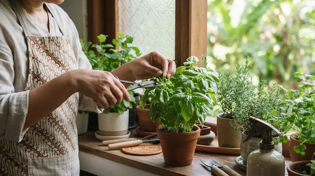 Pemangkasan Tanaman Herbal Rutin. (AI Generated)