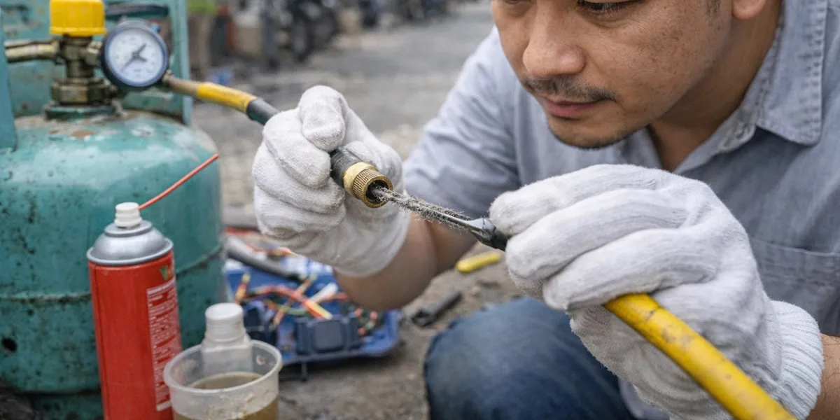 4. Membersihkan Selang Gas yang Tersumbat (c) Ilustrasi AI