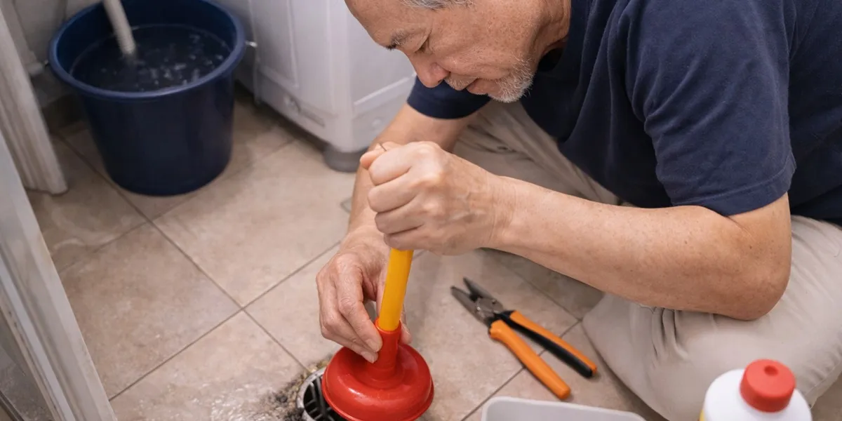 Membersihkan Saluran Pembuangan yang Tersumbat (c) Ilustrasi AI