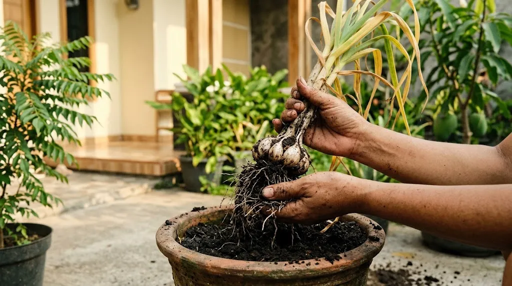 Panen Bawang Putih pada Waktu yang Tepat. (Gambar: AI Generated)
