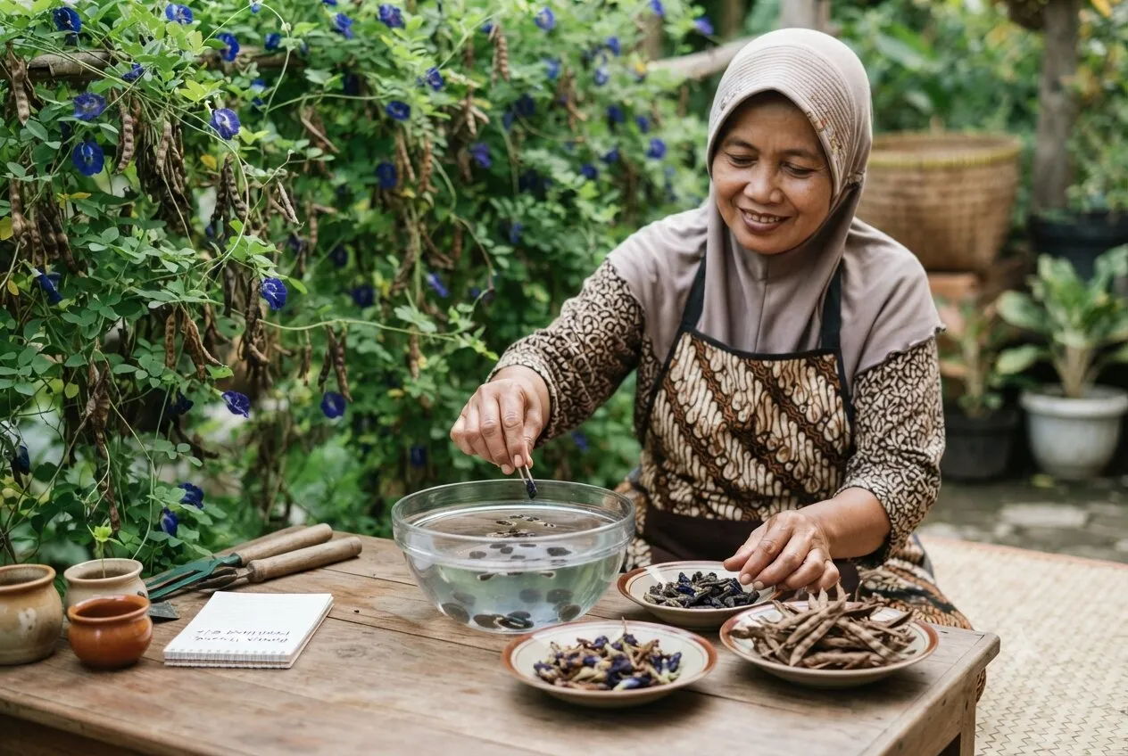 Ilustrasi seseorang yang sedang dalam proses menaman bungan telang. Foto: AI Generated