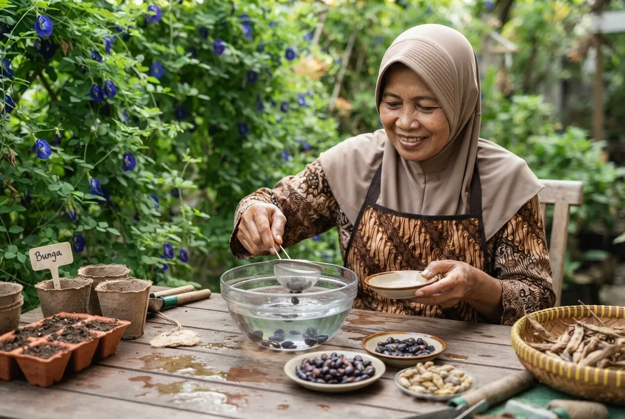 Ilustrasi seseorang yang sedang dalam proses menaman bungan telang. Foto: AI Generated