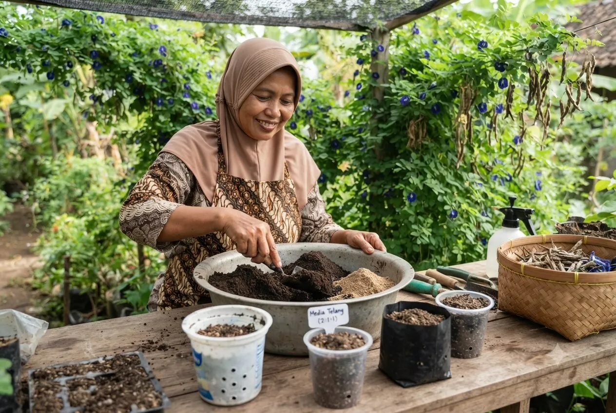 Ilustrasi seseorang yang sedang dalam proses menaman bungan telang. Foto: AI Generated