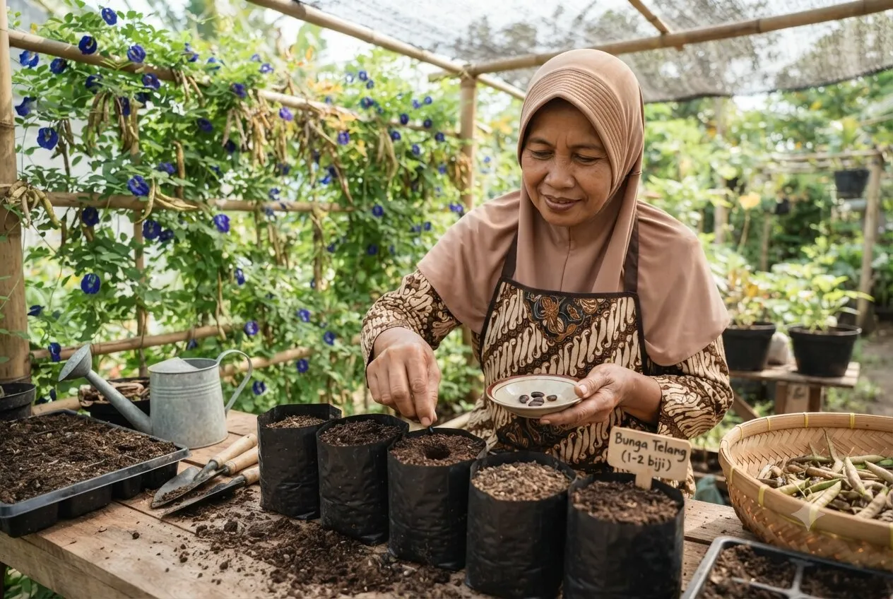 Ilustrasi seseorang yang sedang dalam proses menaman bungan telang. Foto: AI Generated