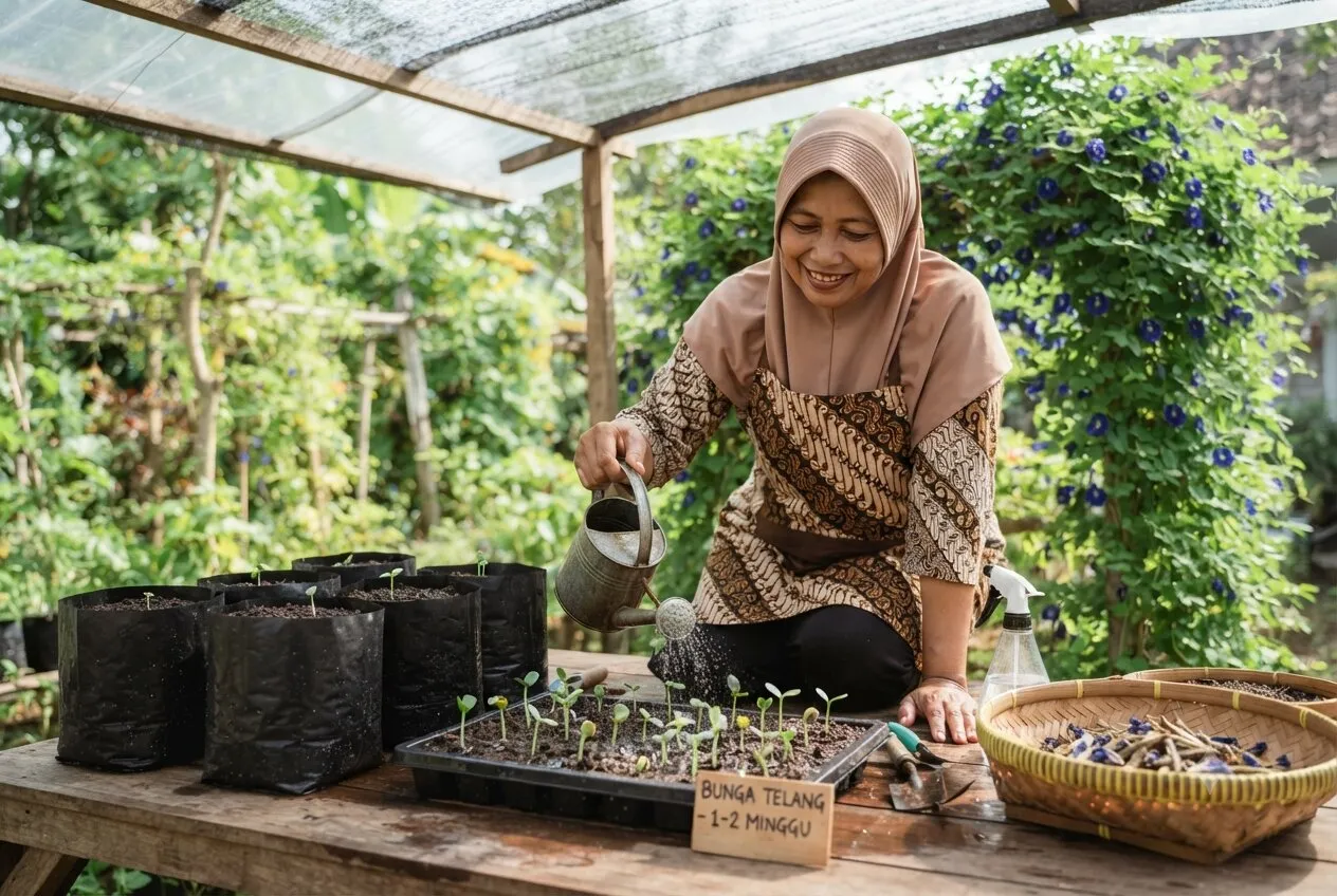 Ilustrasi seseorang yang sedang dalam proses menaman bungan telang. Foto: AI Generated