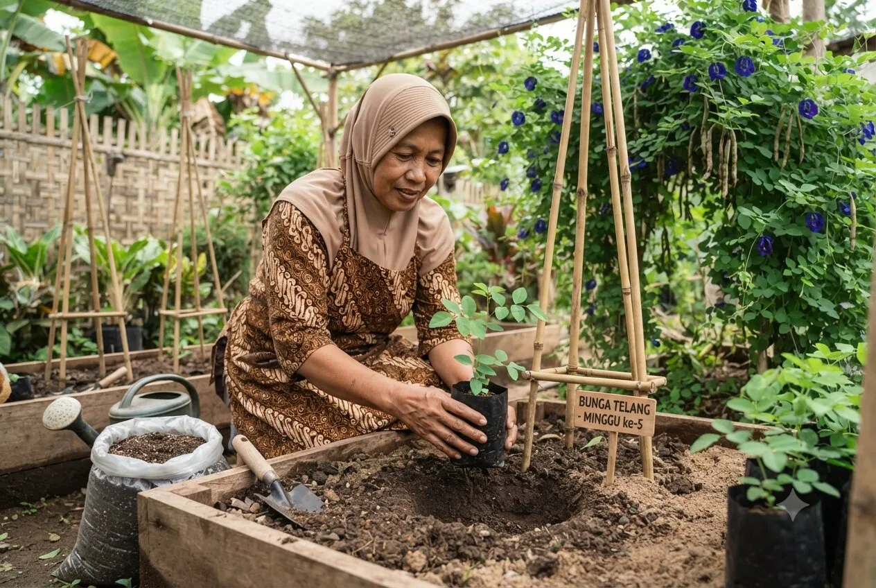 Ilustrasi seseorang yang sedang dalam proses menaman bungan telang. Foto: AI Generated