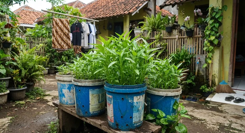 Menanam kangkung di ember (AI generated)