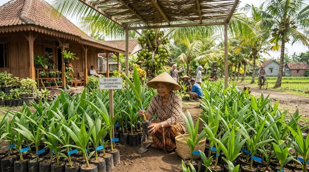Memilih bibit kelapa genjah unggul. [AI Generated]